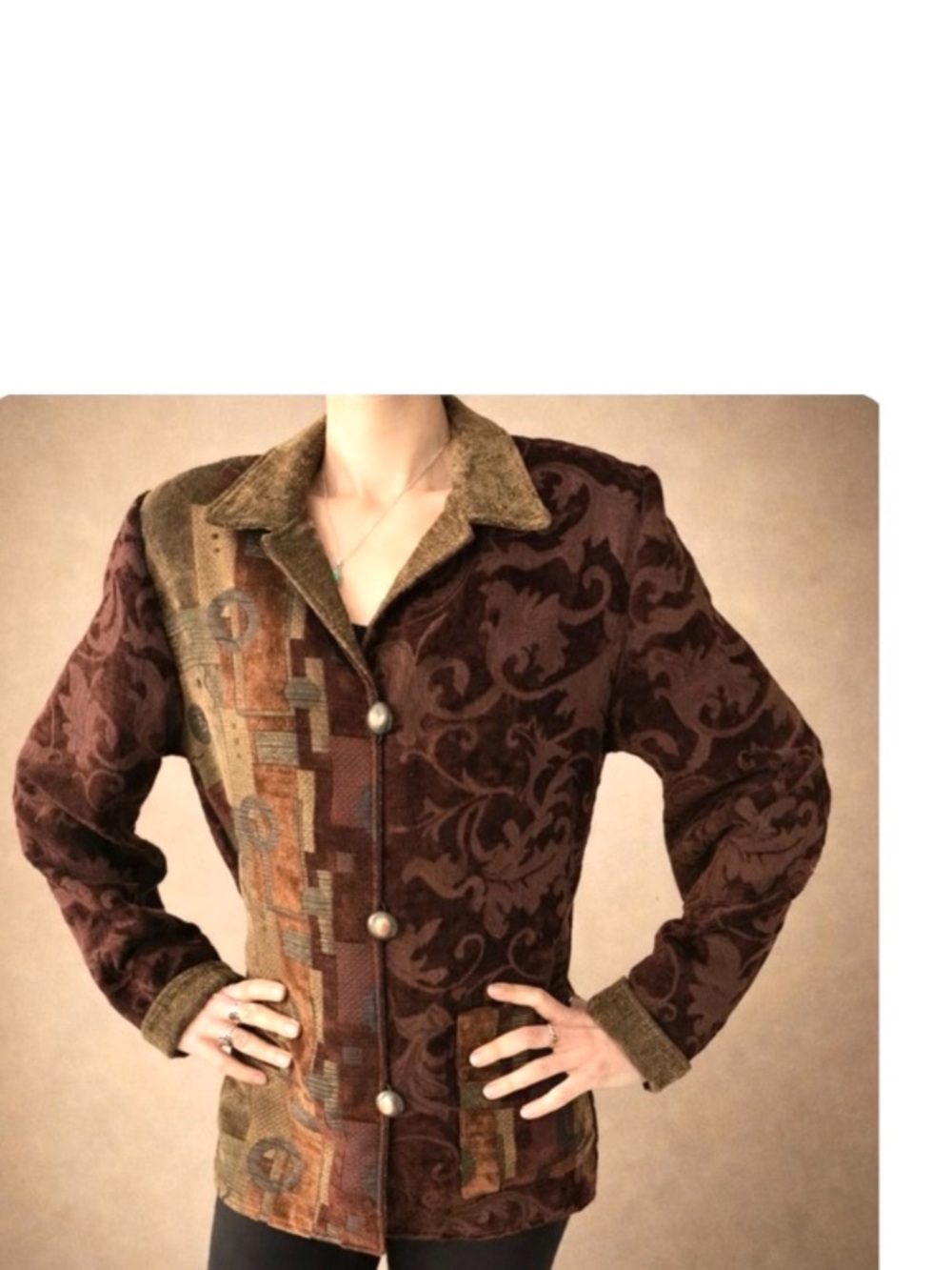 🇨🇦 Vintage Heritage Jacket -Cut Velvet & Tapestry, Burgundy, Olive & Earthy Mix